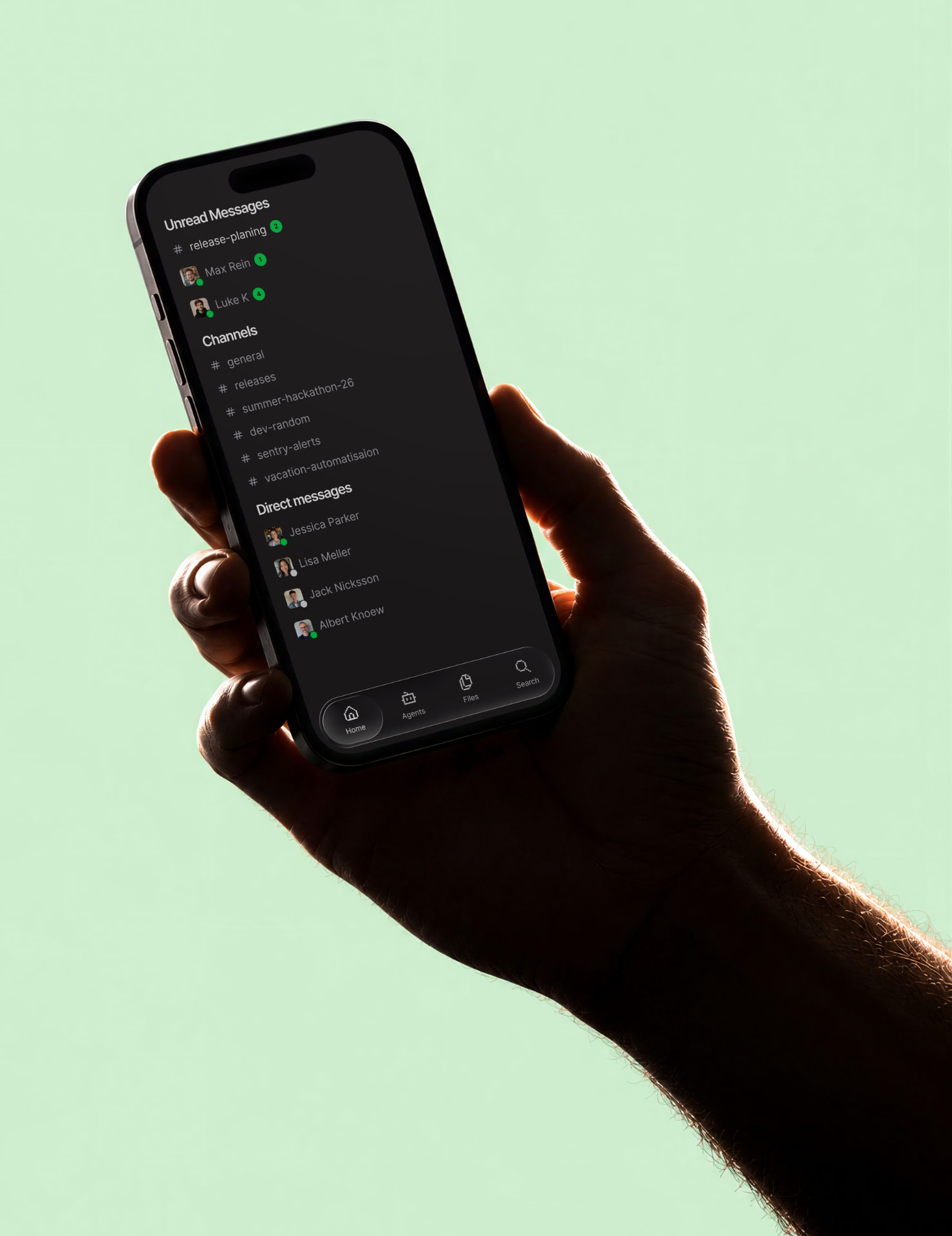 Drum mobile app preview — channels, direct messages, and agents on a phone