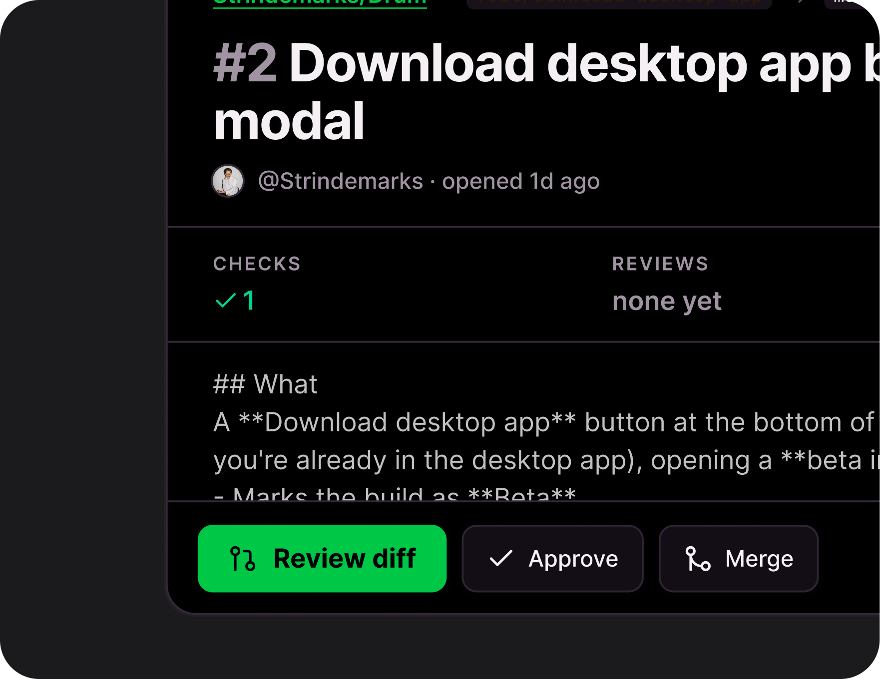 Drum channel showing a native pull request card with diff checks and review controls.